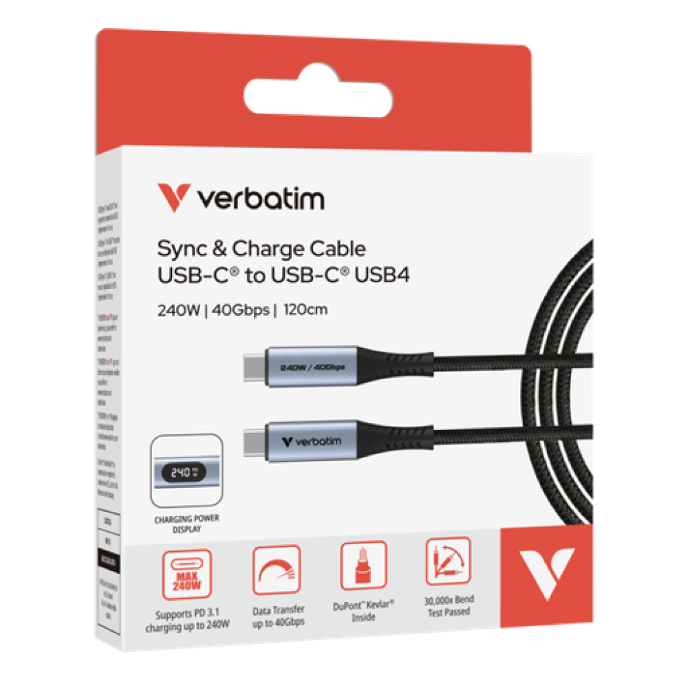 Verbatim Sync & Charge USB C to USB C 240W 40 Gbps Display 120 cm