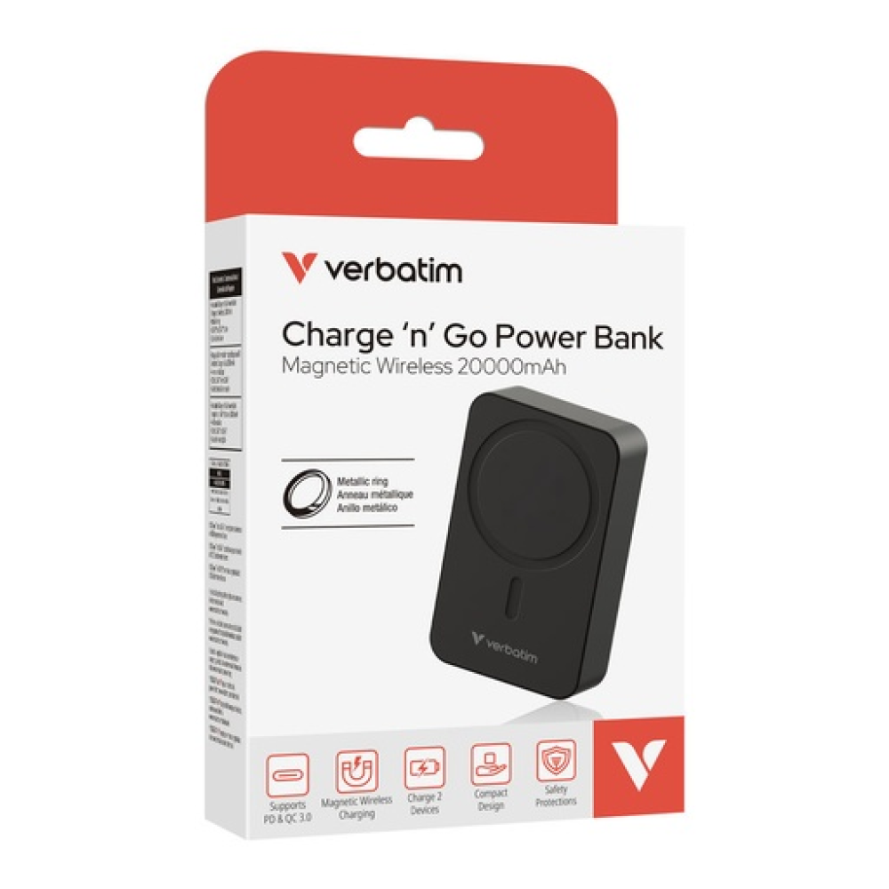 Verbatim Charge 'n' Go Magnetic Wireless Power Bank 20000 mAh Black 