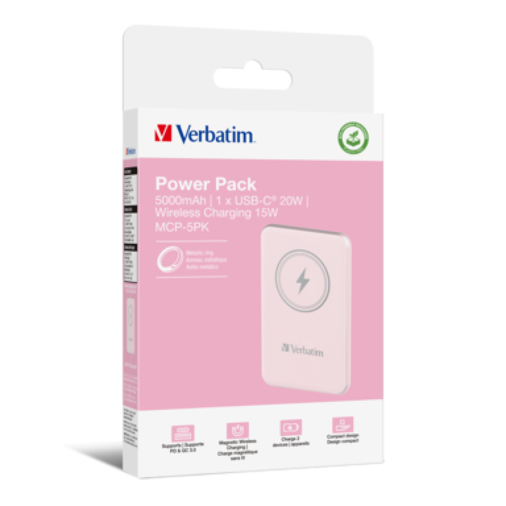 Verbatim Charge 'n' Go Magnetic Wireless Power Bank 5000 mAh Pink