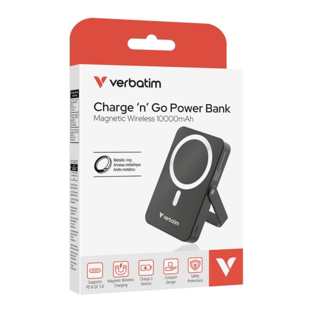 Verbatim Charge 'n' Go Magnetic Wireless Power Bank Stand 10000 mAh Black 