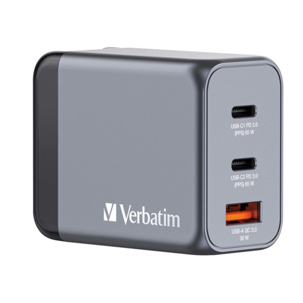 Verbatim GaN USB-A και 2 Θύρες USB-C 65W Power Delivery / Quick Charge 3.0 Gray 