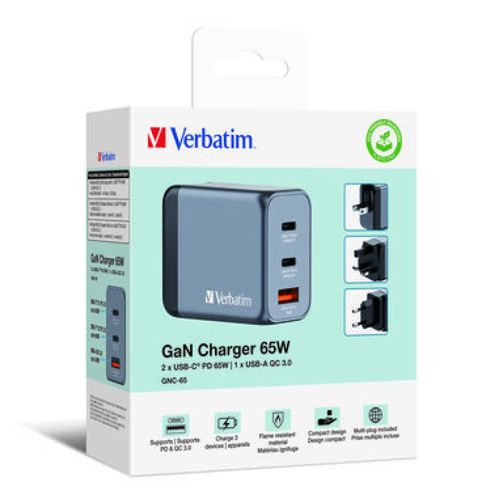 Verbatim GaN USB-A και 2 Θύρες USB-C 65W Power Delivery / Quick Charge 3.0 Gray 