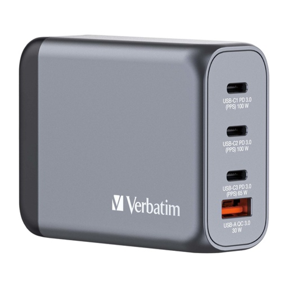 Verbatim GaN USB-A και 3 Θύρες USB-C 100W Power Delivery / Quick Charge 3.0 Gray 