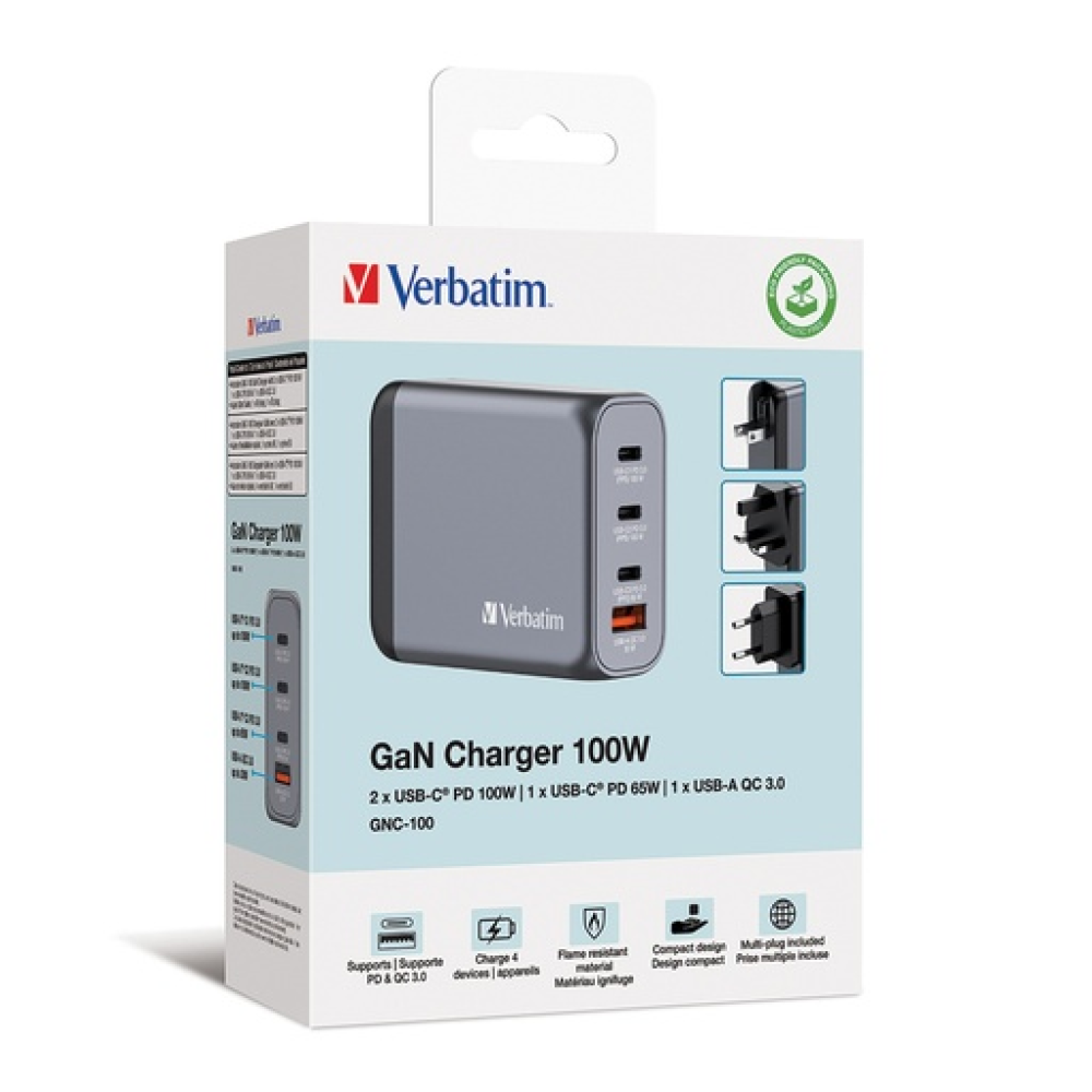 Verbatim GaN USB-A και 3 Θύρες USB-C 100W Power Delivery / Quick Charge 3.0 Gray 