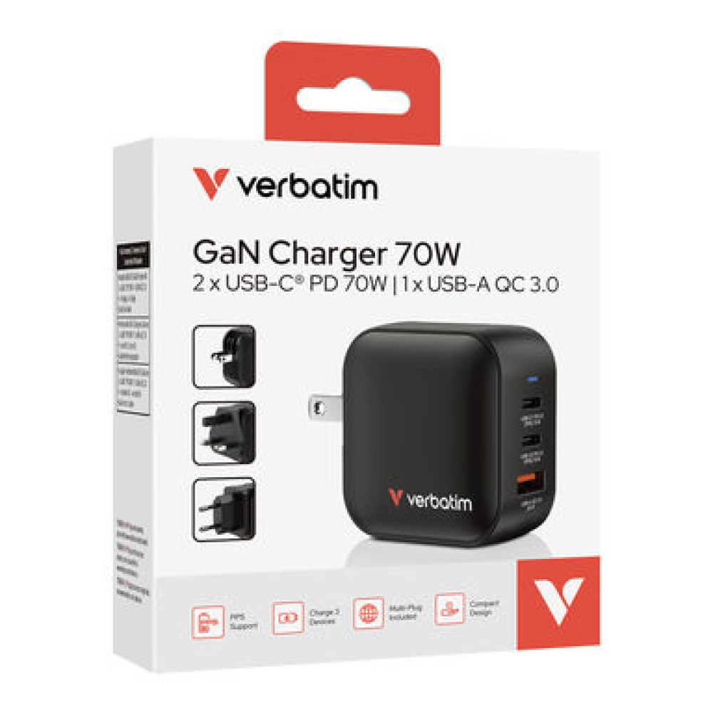 VERBATIM Mini GaN Charger 70W 3 Port US plug with EU and UK adaptors