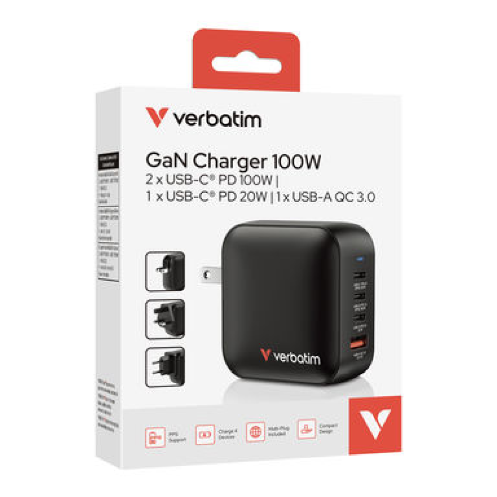 VERBATIM Mini GaN Charger 100W 4 Port US plug with EU and UK adaptors