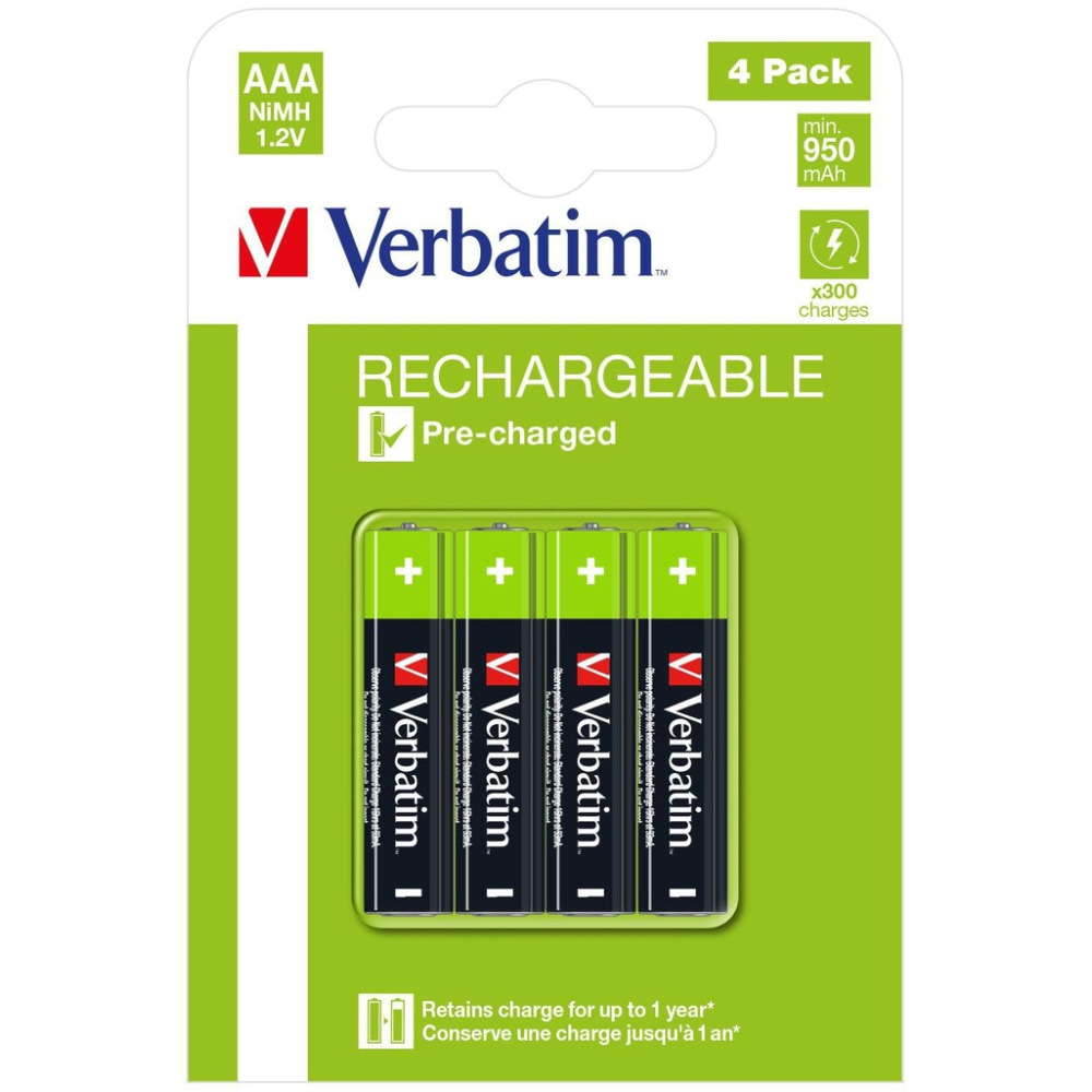 Verbatim AAA Premium Rechargeable Batteries HR03, 950mAh, 1.2V, NiMH